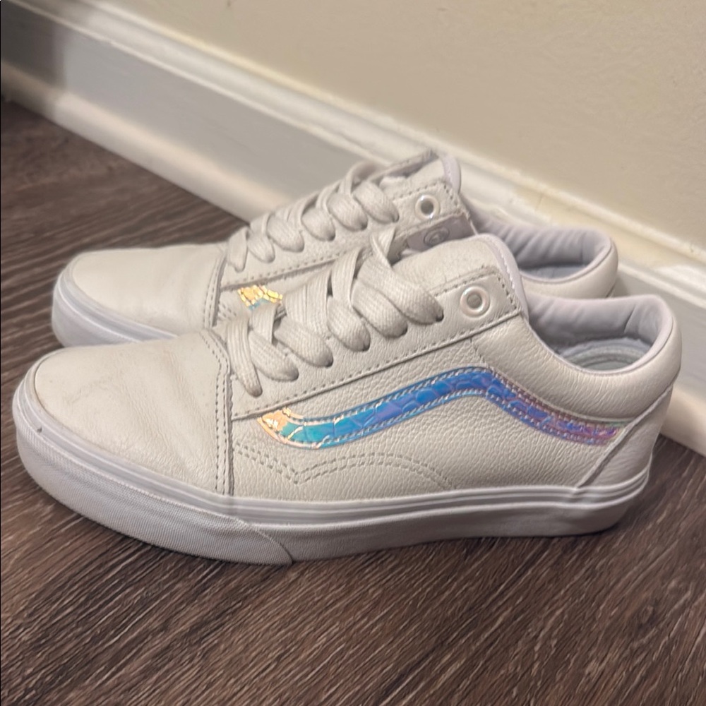 Vans White Sneakers with Iridescent Stripe and Classic Skate Style womens 6.5